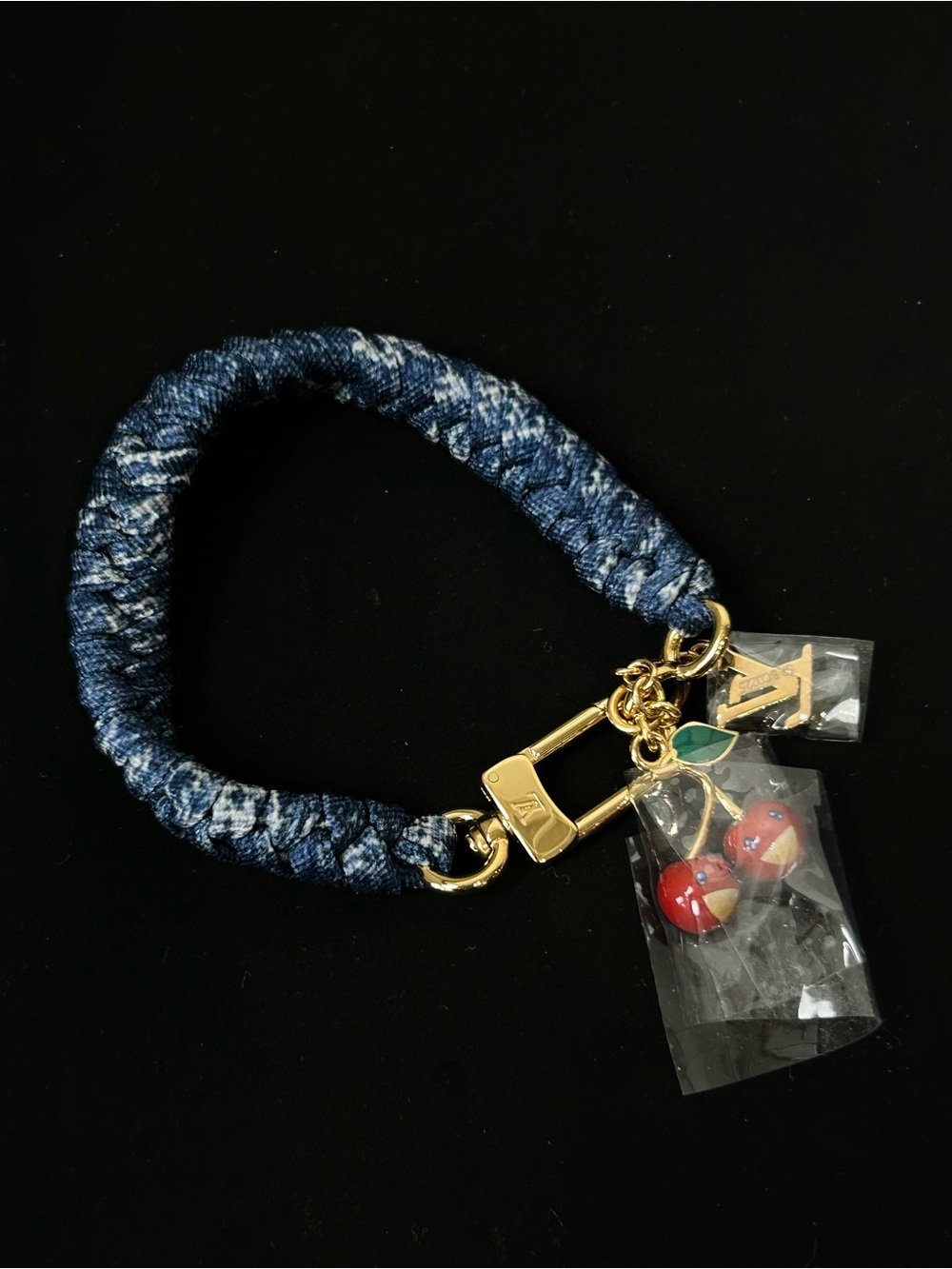 Designer-Inspired Blue Fabric and Gold Charm Bracelet with Red Cherry Accents